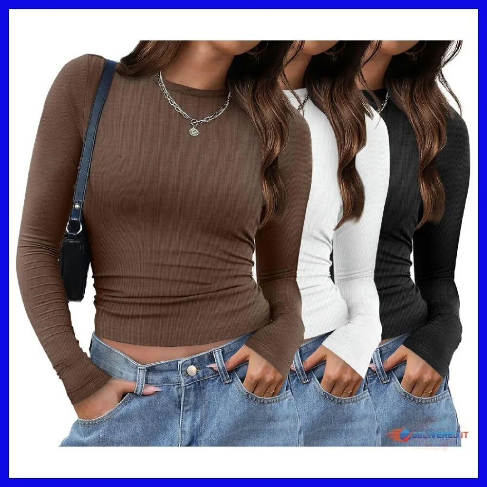 Women's Long Sleeve Slim Fit T-Shirts 3 Pack Crew Neck Basic Tops